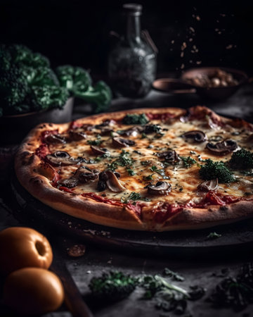 Delicious vegetarian pizza with mushrooms, broccoli and cheese on dark backgroundの素材