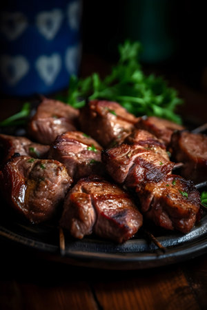 Grilled pork shish kebab with parsley, selective focusの素材