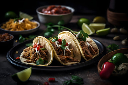 Traditional mexican tacos with beef, salsa and guacamoleの素材