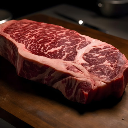 Raw T-bone steak on a cutting board. Black background.の素材