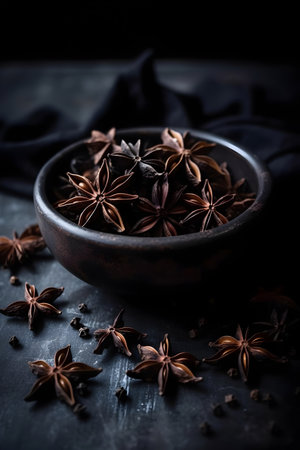Star anise spice in a bowl on dark background. Selective focus.の素材