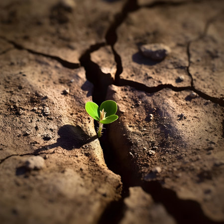 Green sprout on cracked earth background. Concept of climate change.の素材