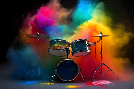 Drum set and colorful powder splashes on a black background.の素材