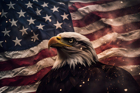 Bald eagle on the background of the United States of America flagの素材