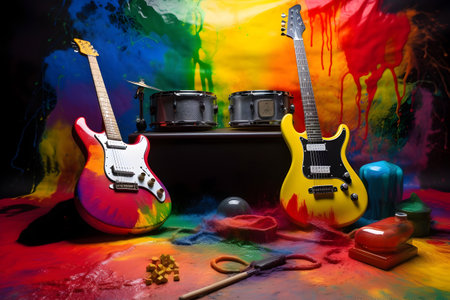 Electric guitar, drums and other musical instruments on a colorful background.の素材