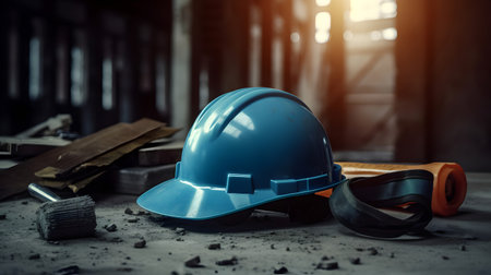 Blue hard hat and construction tools on concrete floor in construction site.の素材