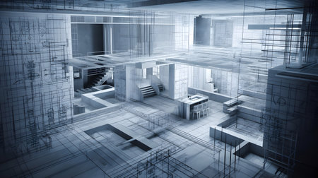 3D rendering of a modern office building in the wireframe styleの素材