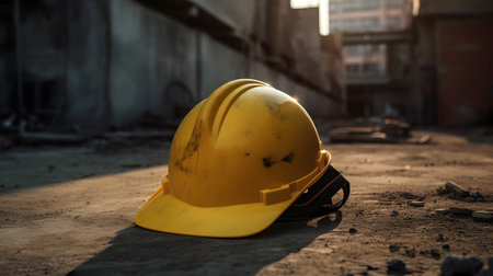 Safety helmet on a construction site. Selective focus and shallow depth of field.の素材