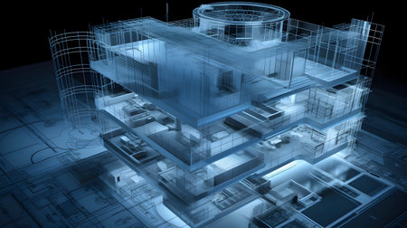 3D rendering of building wireframe with elements of technical drawing.の素材
