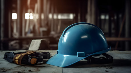 Safety helmet and blue hard hat on the floor in construction site.の素材