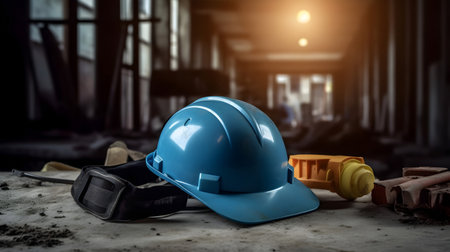 Safety helmet and other safety equipment on construction site background. Mixed mediaの素材