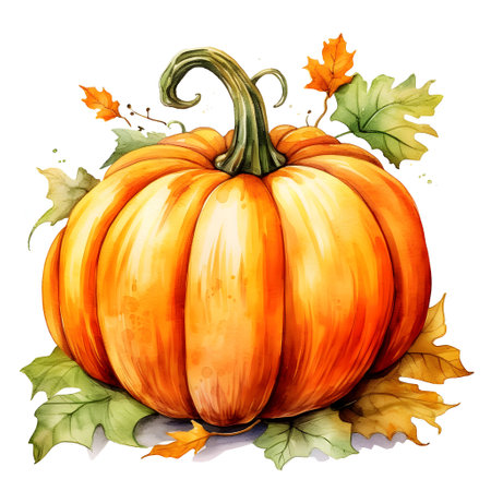 Pumpkin with autumn leaves isolated on white background. Watercolor illustrationの素材