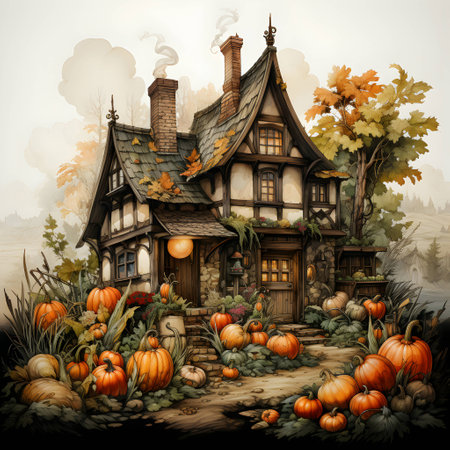 Halloween background with haunted house, pumpkins and autumn leaves.の素材