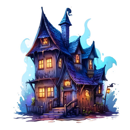 Halloween illustration of a haunted house. Cute cartoon style.の素材