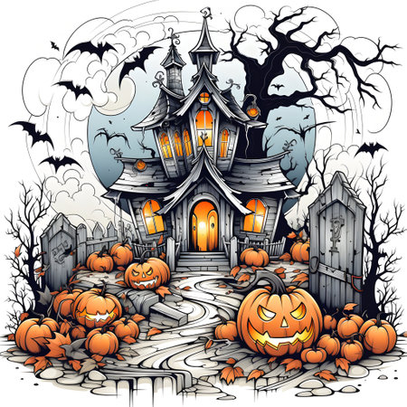 Halloween background with haunted house, pumpkins and bats.の素材