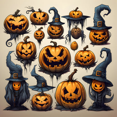 Set of Halloween pumpkins with witch hats. Cartoon illustration.の素材