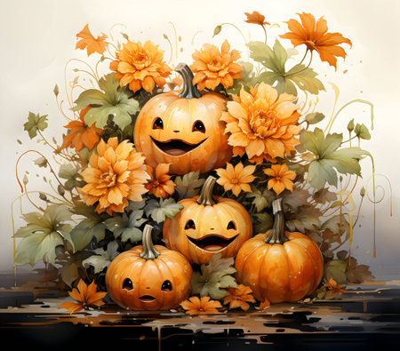 Halloween pumpkins with flowers and leaves on a grunge backgroundの素材