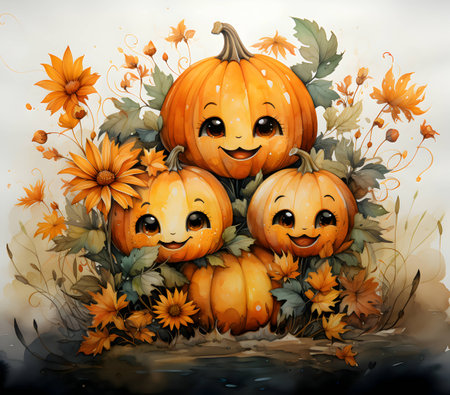 Halloween pumpkins with autumn leaves and flowers.の素材