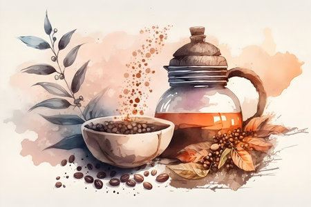 Coffee pot and cup with coffee beans on watercolor backgroundの素材
