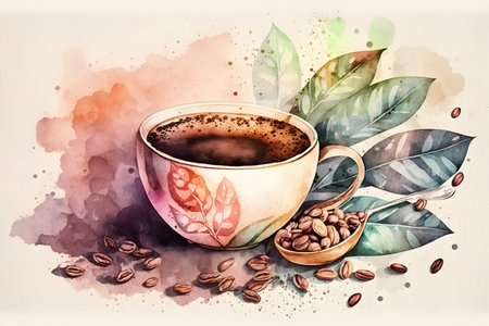 Coffee cup with coffee beans and leaves on watercolor backgroundの素材