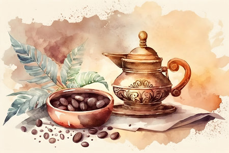 Coffee pot with coffee beans and leaves. Watercolor illustrationの素材