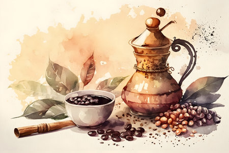 Coffee beans, cup and teapot on watercolor backgroundの素材