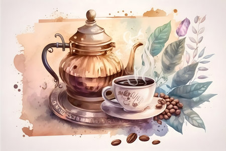 Coffee cup and teapot with coffee beans on watercolor backgroundの素材