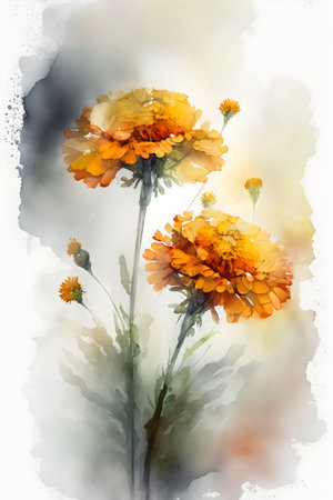 watercolor drawing marigold flowers on a white background, natureの素材