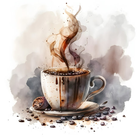 Coffee cup with coffee beans and steam. Watercolor illustrationの素材
