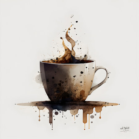 Coffee cup with splashes and blots on white backgroundの素材