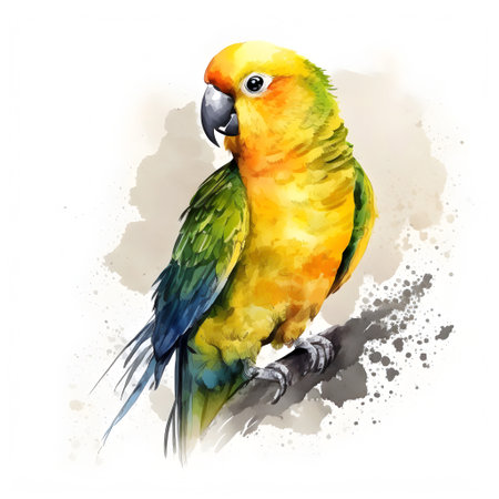 Watercolor parrot isolated on white background. Hand drawn illustration.の素材