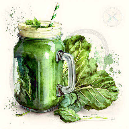 Green smoothie in a jar with spinach, watercolor illustration.の素材