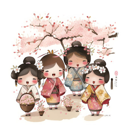 Cherry blossoms and kimono girls in Japan.の素材