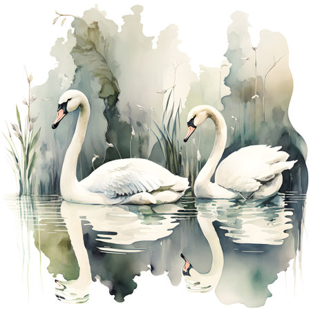 Two white swans on the water. Watercolor painting.の素材