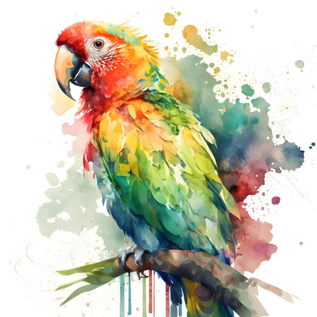 Colorful parrot isolated on white background. Watercolor illustration.の素材