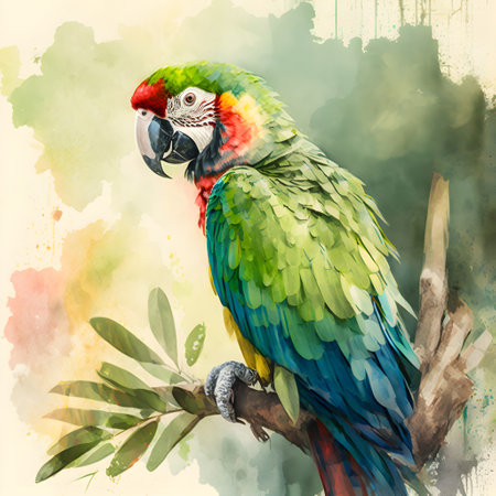 Beautiful macaw parrot on the branch. Watercolor illustrationの素材