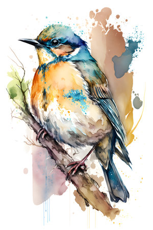 Watercolor illustration of a bird on a branch. Hand-drawn illustration.の素材