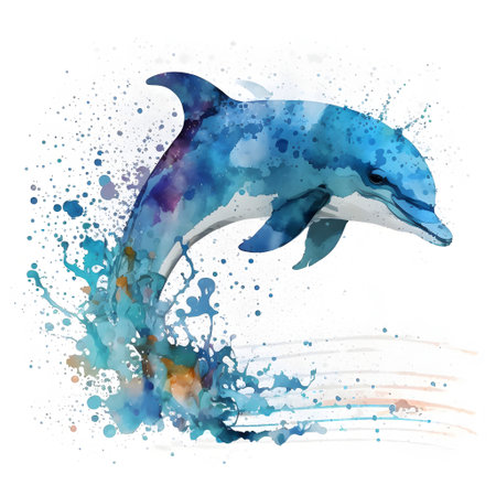 Dolphin jumping out of water. Watercolor splash.の素材