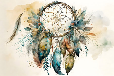 Dreamcatcher with feathers and beads. Hand drawn watercolor illustrationの素材