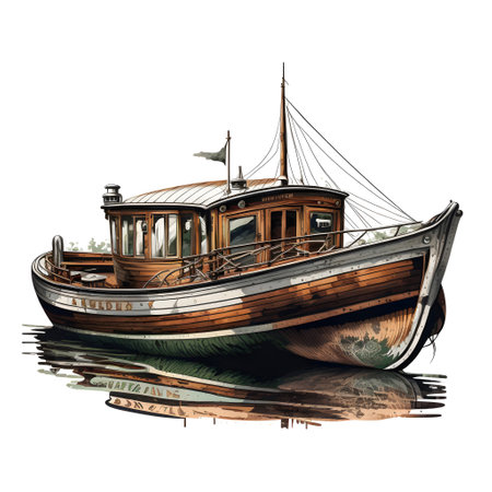 Fishing boat on the water isolated on white background.の素材