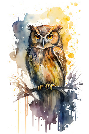 Watercolor illustration of an owl sitting on a branch. Watercolor hand drawn illustration.の素材