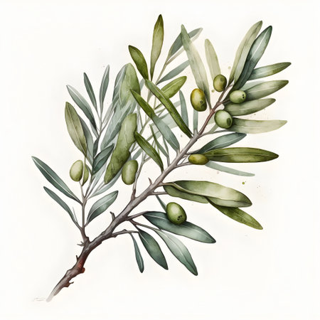Olive branch with green olives. Hand drawn watercolor illustrationの素材