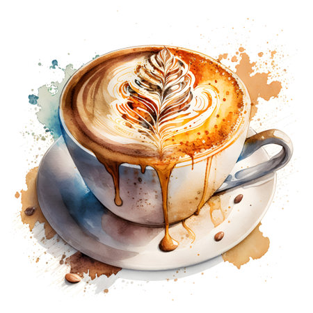 Cup of coffee with latte art. Watercolor hand drawn illustrationの素材