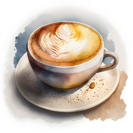 Cup of coffee with latte art. Digital watercolor paintingの素材