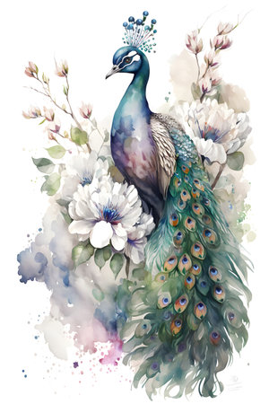 Peacock with flowers. Watercolor illustration on white background.の素材