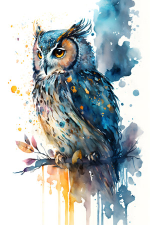 Watercolor illustration of an owl sitting on a branch. Hand drawn bird.の素材