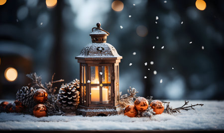 Christmas lantern with burning candle on snow in winter forest. Christmas decoration.の素材