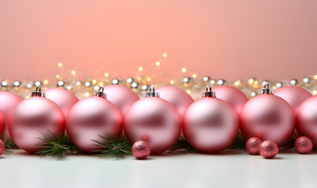 Pink Christmas balls on bokeh background with space for your textの素材