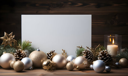 Merry Christmas and Happy New Year greeting card mockup on wooden backgroundの素材