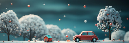 Red car in winter forest with christmas balls. 3D renderingの素材